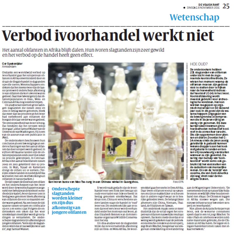 Bram Büscher in Newspaper article on Ivory Trade (in Dutch)
